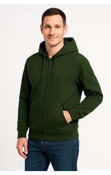 Lumiart Erkek Üç İplik Kapüşonlu Tam Fermuarlı Kanguru Cepli Sweatshirt H Haki