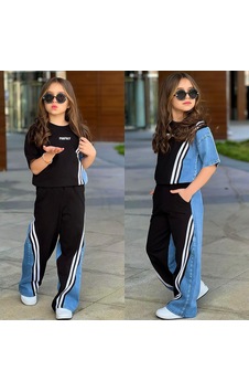 Kız Çocuk Çizgi Detaylı Denim Garnili Eşofman Takımı Rahat & Trend Stil 6492 Siyah Kız Çocuk Çizgi Detaylı Denim Garnili Eşofman Takımı Rahat & Trend Stil 6492 Siyah