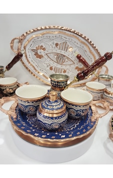 İşlemeli Bakır Fincan Takımı- İki Bakır Kahve Fincan Takımı Mavi