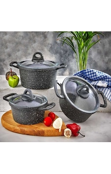 Eda ZK-906 Asya Cam Kapaklı 6 Parça Derin Granit Tencere Seti Siyah Eda ZK-906 Asya Cam Kapaklı 6 Parça Derin Granit Tencere Seti Siyah
