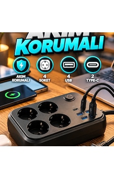 Akım Korumalı Çoklu Priz 4 Soket, 4 Usb Ve 2 Type-c Şarj Girişli Diğer Akım Korumalı Çoklu Priz 4 Soket, 4 Usb Ve 2 Type-c Şarj Girişli Diğer