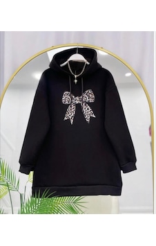 Lovie Moda Kadın Leopar Fiyonk Baskılı Sweatshirt Siyah