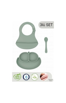 Mit Yeşili Silikon 3lü Bebek Beslenme Seti- Vakumlu Tabak Önlük Ve Kaşık Set