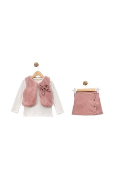 Dadiva Kız Çocuk Peluş Yelekli Üçlü Takım Pudra Şort Etekli Kombin 2-5 Yaş Pembe