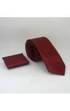 Kalender Giyim Bordo Slim Fit Düz Renk Mendilli Saten Kravat - SS-37 Bordo