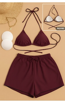 Kadın 3'lü Set Bordo Şortlu Ve Yandan Bağlamalı Bikini Mayo Takım Kadın 3'lü Set Bordo Şortlu Ve Yandan Bağlamalı Bikini Mayo Takım