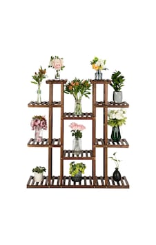 Dekoratif Ahşap Saksılık Çiçeklik Standı - 11 Bölmeli Bahçe Balkon Çiçek Rafı 120x120 Cm Kahverengi