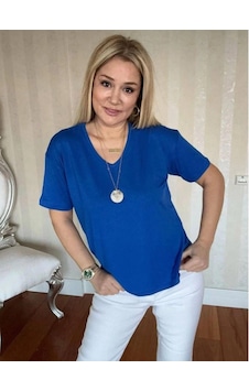 Defymoda Kadın Kısa Kollu V Yaka Bluz Mavi