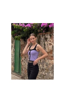 Onno Style Women Kolsuz Askılı Düğme Detaylı Kadın Triko Bluz Mor Onno Style Women Kolsuz Askılı Düğme Detaylı Kadın Triko Bluz Mor