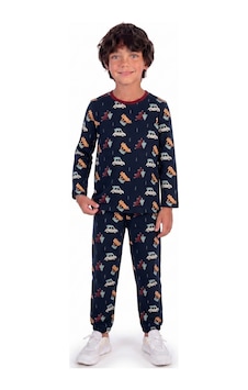 Onloox Erkek Lacivert Erkek Çocuk Lacivert Pamuklu Penye Bisiklet Yaka Uzun Kollu Araba Desenli Pijama Takımı 4-6 Yaş
