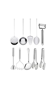 10 Parça Paslanmaz Çelik Spatula Kevgir Kepçe Kaşık Çırpıcı Çeyiz Hazırlık Seti Gri