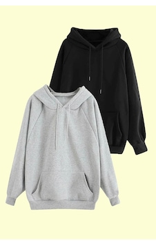 Unisex Gri Ve Siyah Slim Fit 2'li Kapüşonlu Sweatshirt Paketi Siyah- Gri M