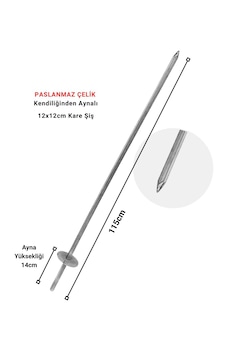 Döner Takma Ve Hazırlama 12x12cm - 115cm Kare Şiş Paslanmaz Çelik - Kendiliğinden Aynalı Döner Şişi Gri - Gümüş