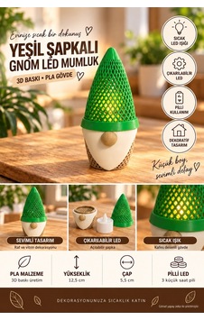 Yeşil Şapkalı Gnom Led Mumluk 3d Baskı Pla Dekor, 12,5 Cm Yeşil Şapkalı Gnom Led Mumluk 3d Baskı Pla Dekor, 12,5 Cm