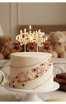 Ayıcık Mum Seti Happy Birthday Yazılı Pasta Üstü Sevimli Doğum Günü Süsü Parti Dekor Seti