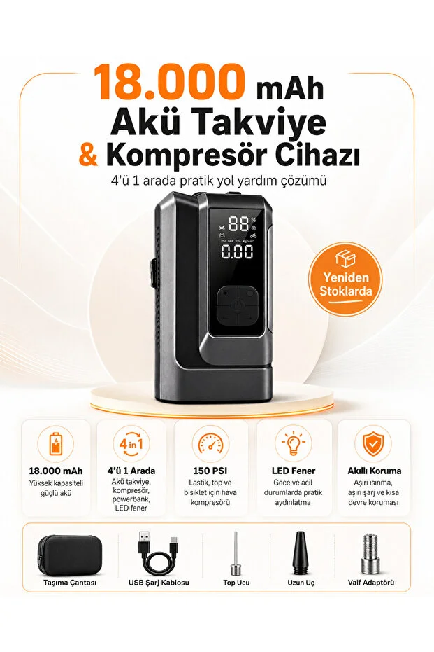 18000mah Akü Takviye Ve Kompresör 4 Ü 1 Arada Taşınabilir Araç Marş Basma Cihazı