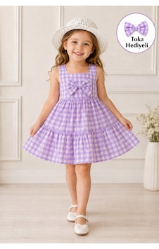 Esila Kids Kız Çocuk Ekose Elbise Toka Hediyeli Fiyonklu Askılı Katlı Etekli Yazlık Model Mor