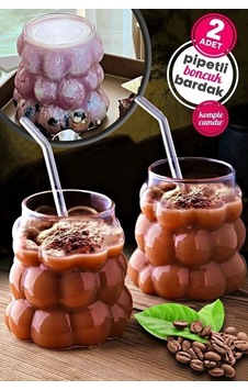2li Boncuklu Pipetli Cam Bardak Üzüm Tanesi Şeklinde 350 Ml. Meşrubat Su Kahve Sunum Bardağı Seti