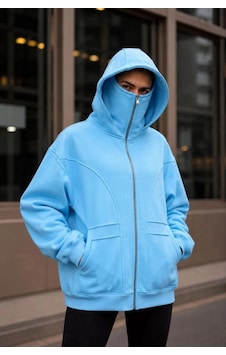 Freedom Storee Kadın Maskeli Ninja Model Çift Kapüşonlu 3 İplik Şardonlu Fermuarlı Oversize Sweatshirt - Bebek Mavi Çok Renkli Freedom Storee Kadın Maskeli Ninja Model Çift Kapüşonlu 3 İplik Şardonlu Fermuarlı Oversize Sweatshirt - Bebek Mavi Çok Renkli