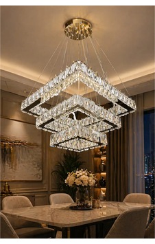 3 Katlı Kristal Kare Kumandalı 3 Renk Led Avize Krom