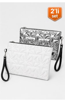 Adelina Bags 2'li Çanta Paketi Yıldız Desenli Portföy El Çantası Bilek Askılı Clutch Çanta Beyaz - Açık Gri Adelina Bags 2'li Çanta Paketi Yıldız Desenli Portföy El Çantası Bilek Askılı Clutch Çanta Beyaz - Açık Gri