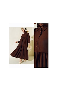 Lovie Moda Kadın Gömlek Yaka Elbise Kahverengi