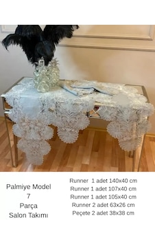 Salon Takımı 5 Parça Keten Masa Örtüsü Runner Seti Çeyizlik Palmiye Model No 1482 Gri