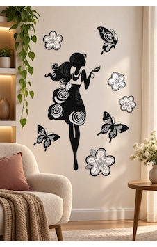 3d Simli Kız Silüeti Duvar Stickerı 32x50 Cm Kelebekli Çiçekli Siyah Beyaz Oda Duvar Dekorasyonu Renkli