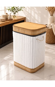 Bambu Üzeri Peluş Kaplama Çamaşır Sepeti - Beyaz-7498 Çok Renkli Bambu Üzeri Peluş Kaplama Çamaşır Sepeti - Beyaz-7498 Çok Renkli