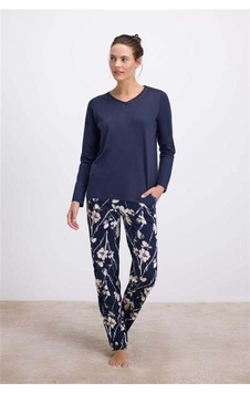 Modenya Çiçek Desenli Uzun Kollu T-shirt Ve Pantolon Pijama Takımı Lacivert
