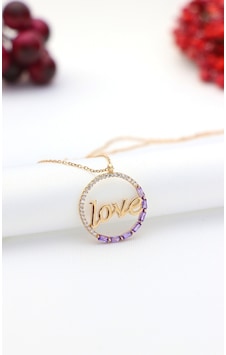 Renkli Taşlı Love Gümüş Kolye
