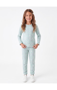 Onloox Kız Çocuk Su Yeşili Kız Çocuk Su Yeşili Pamuklu Penye Bisiklet Yaka Uzun Kollu Çiçek Desenli Pijama Takımı 4-8 Yaş