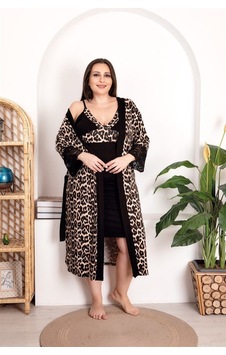 Red Womans Büyük Beden Leopar Desenli Dantel İşlemeli 2'li Viskon Gecelik Sa Red Womans Büyük Beden Leopar Desenli Dantel İşlemeli 2'li Viskon Gecelik Sa