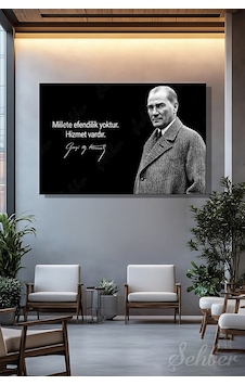 Gazi Mustafa Kemal Atatürk'ün Siyah-beyaz Portresi Ve Bir Özlü Sözü Yatay Kanvas Tablo 4179 Çok Renkli
