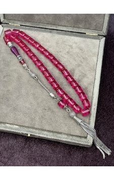 Alpaka Nakkaş İmameli Pembe Ateş Kehribar Tesbih 9x10 Mm