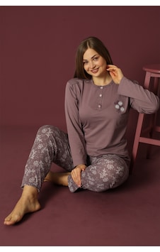 Nisanca Uzun Kollu %100 Pamuk Büyük Beden Anne Pijama Takımı- Anne Özel Serisi Mürdüm