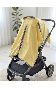Organik Pamuklu Ponpon Detaylı Unisex Bebek Puset Örtüsü Sarı