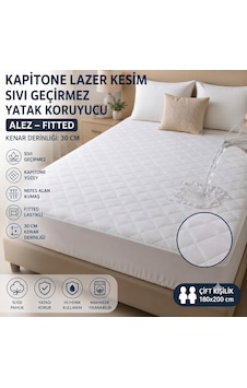 Truytowel Kapitone Lazer Baskı Sıvı Geçirmez Yatak Koruyucu Alez Fitted %100 Pamuk Yüzey 30 Cm Kenar Derinliği 180x200 Cm Beyaz