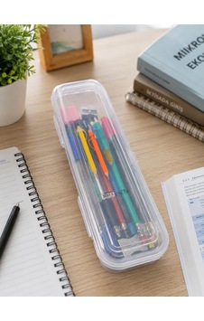 Şeffaf Kalem Kutusu Kilitli Plastik Kalemlik Organizer Kırtasiye Saklama Kutusu - 1 Adet Beyaz - Çok Renkli