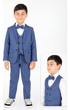 Tarz Çocuk Erkek Çocuk Mavi Yelekli Takım Elbise 5 Li Set Ceket, Yelek, Pantolon, Gömlek Ve Papyon Özel Gün Mavi