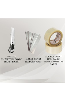 Alümniyum Metal Maket Bıçağı + 10 Adet Yedek ve Ack Holtmelt Koli Bandı 6 Adet Seti Alümniyum Metal Maket Bıçağı + 10 Adet Yedek ve Ack Holtmelt Koli Bandı 6 Adet Seti