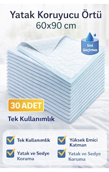 Yatak Koruyucu Örtü 60x90 Cm 30 Adet Tek Kullanımlık Sıvı Geçirmez Hasta Altı Bezi Yatak Koruyucu Örtü 60x90 Cm 30 Adet Tek Kullanımlık Sıvı Geçirmez Hasta Altı Bezi