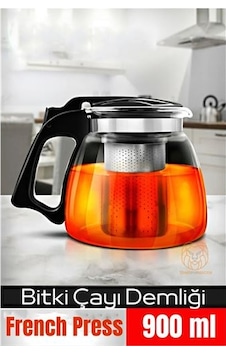 Süzgeçli French Press Cam Demlik 900 Ml Bitki Çayı Demliği Açık Kahverengi - Beyaz