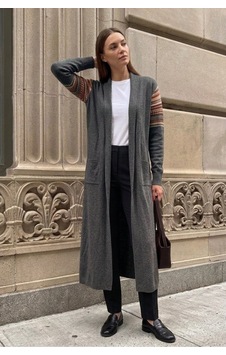 Onno Style Women Kilim Desen Uzun Triko Kadın Hırka Gri