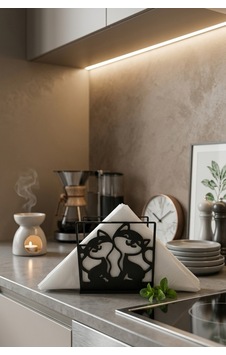 Kedi Tasarımlı Peçetelik Modern Mutfak Ve Yemek Masası Aksesuarı Siyah