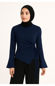 Elmoda Lacivert Sendy Kumaş Yan Bağcıklı Şık Bluz Lacivert Lacivert