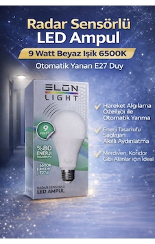 Radar Sensörlü Led Ampul 9 Watt Beyaz Işık 6500k Otomatik Yanan E27 Duy Standart Radar Sensörlü Led Ampul 9 Watt Beyaz Işık 6500k Otomatik Yanan E27 Duy Standart