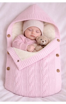 % 100 Organik İçi Polarlı Kapüşonlu Düğme Detaylı Triko Bebe Kundağı 75 X 40 Cm 1068 Pembe Pembe