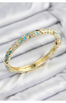 Mineli Pirinç Zirkon Taşlı Turkuaz Krem Çiçek Motifli Gold Kadın Kelepçe Çok Renkli Mineli Pirinç Zirkon Taşlı Turkuaz Krem Çiçek Motifli Gold Kadın Kelepçe Çok Renkli