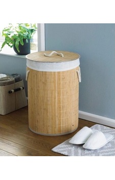 Decohandy Yuvarlak Bambu Kirli Sepeti Açık Ahşap